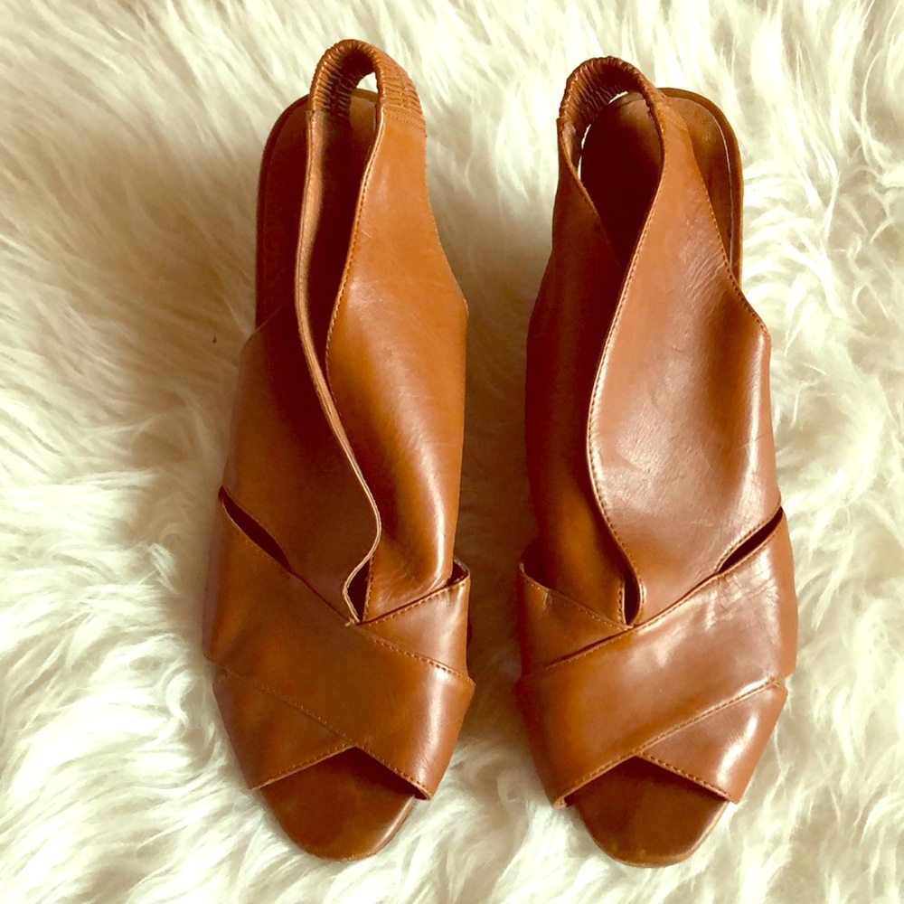 Anthropologie brown leather sling back wedges